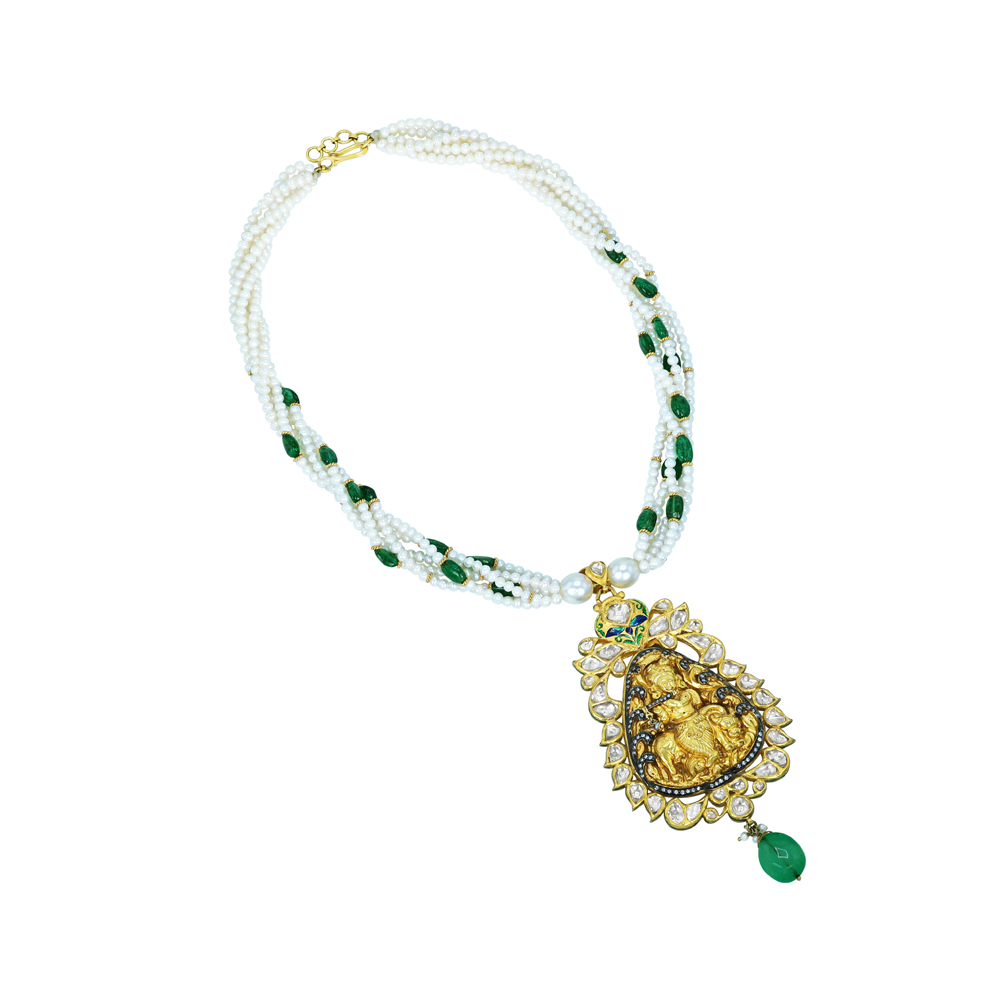 Krishna Polki Pendant Necklace Set with Pearls, Emeralds and Enamel